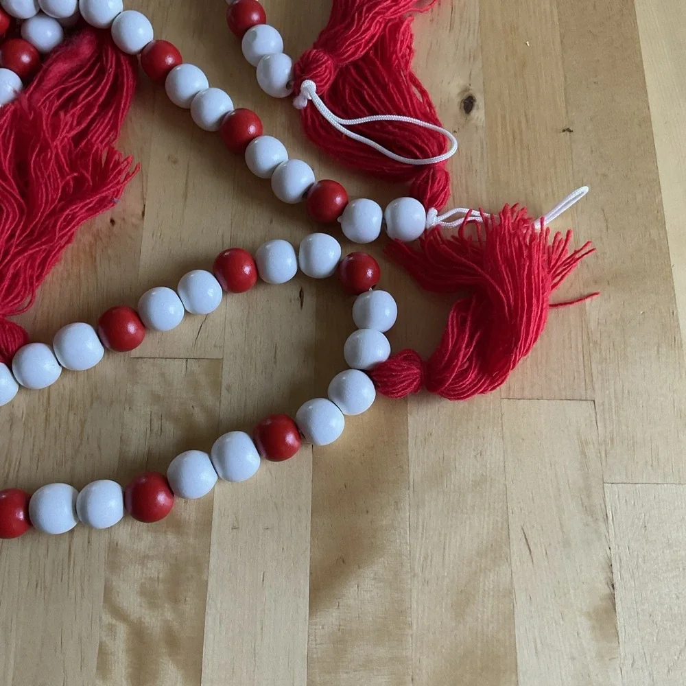 Red And White Wood‎ Bead Garland Red Tassels Farmhouse Style
